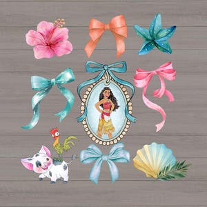 May include: DTF heat transfer design with watercolour elements. Includes a pink hibiscus flower, bows in various colours, a teal starfish, a portrait of a woman, a pig, a rooster, and a seashell. The text "READY TO PRESS" and "DTF HEAT TRANSFER" are included.