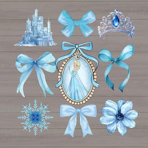 May include: A selection of blue watercolour designs, including a castle, bows, a tiara, a snowflake, a flower, and a portrait of a princess. The text "READY TO PRESS" and "DTF HEAT TRANSFER" are displayed in black and blue.