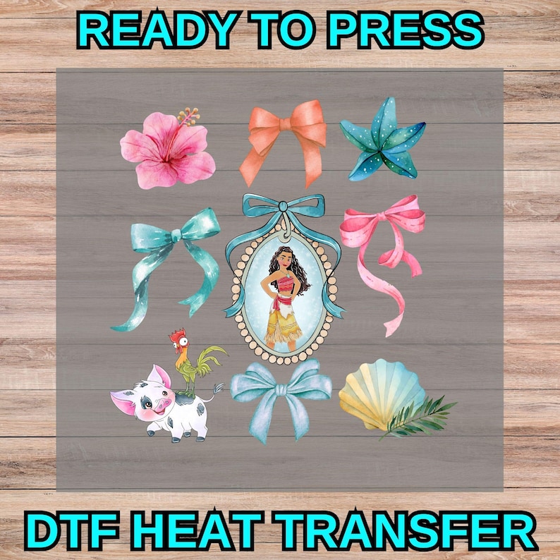 May include: DTF heat transfer design with watercolour elements. Includes a pink hibiscus flower, bows in various colours, a teal starfish, a portrait of a woman, a pig, a rooster, and a seashell. The text "READY TO PRESS" and "DTF HEAT TRANSFER" are included.
