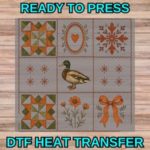 May include: A DTF heat transfer sheet featuring a nine-panel grid design on a grey background. The panels include a geometric star pattern, a heart in an oval frame, a snowflake, a mallard duck, small star icons, flowers, and a bow. Text reads READY TO PRESS and DTF HEAT TRANSFER.