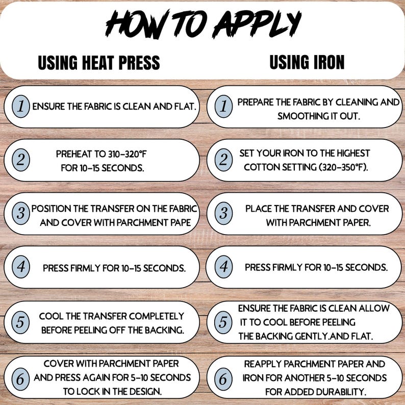 May include: An instructional graphic titled "HOW TO APPLY" detailing the steps for applying transfers using a heat press and an iron. The steps include fabric preparation, temperature settings, and pressing times. The text is in a bold, handwritten style.