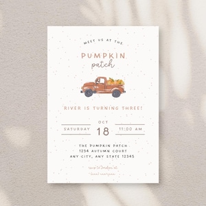 Plantilla de invitación para fiesta de cumpleaños en un huerto de calabazas / Invitación para fiesta temática de otoño "Nos vemos en el huerto de calabazas" / Descarga digital instantánea editable