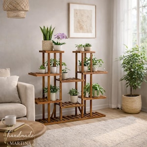 Wooden Multi Tier Plant Stand Indoor Outdoor | 8-10 Pots Flower Shelf Rack | Tall Plant Holder Display | Patio Garden Decor Organizer