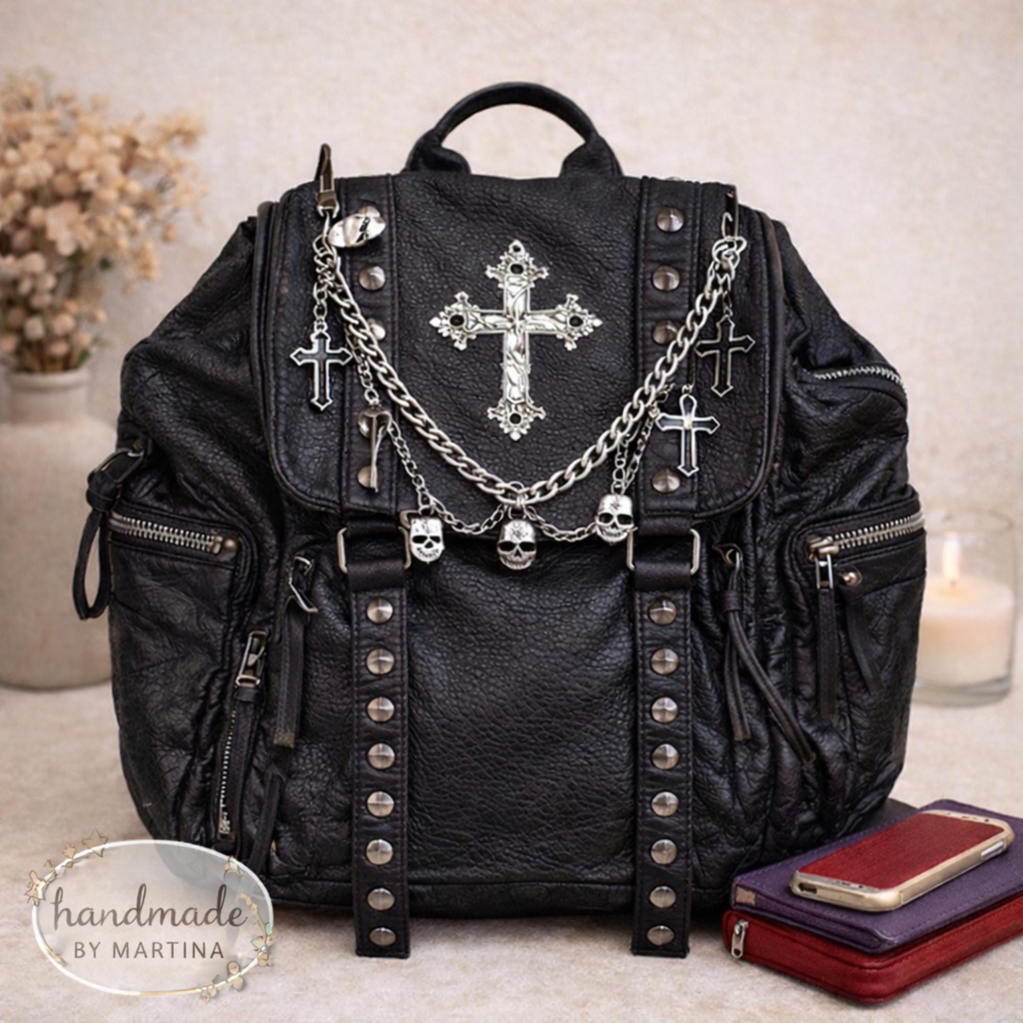 Studded Black Canvas Backpack with Metallic Accents. Suede handmade. Leather Studded Backpack - Etsy main image 2