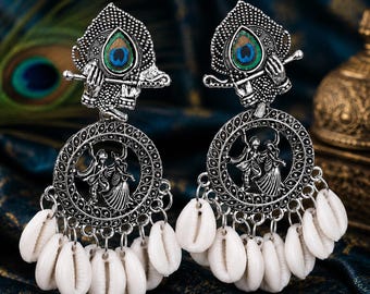 Oxidized / Oxidised Silver Peacock Shell Earrings, Indian Boho Statement Jewelry / Jewellery
