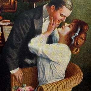 May include: Vintage illustration of a couple in an intimate moment. A man in a black suit and a woman in a white dress are embracing. The woman is seated in a wicker chair, with a bouquet of flowers nearby.