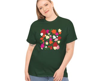 Bright red and white rose garden design on women's heavy cotton t-shirt.  Shirt available in five colors.