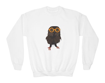 Cute Owl with Orange Glasses Youth Sweatshirt | Kids Bird Illustration
