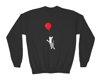 Cat Holding Red Balloon Youth Crewneck Sweatshirt | Playful Kitty Graphic