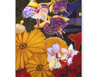 Beautiful, colorful image of fairies painting flowers at night.  Vertical matte canvas with copy of original oil painting. Two sizes.