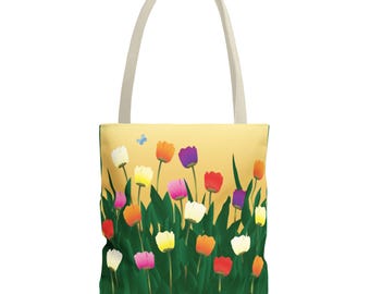 Tote bag with bright multi-colored tulips images on a dark yellow background.  Light handle.  Available in three sizes.