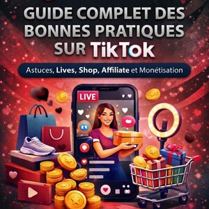 Peut inclure: Une image promotionnelle pour TikTok avec le logo TikTok et le texte "GUIDE COMPLET DES BONNES PRATIQUES SUR TikTok". L'image comprend un smartphone avec une femme tenant une boîte, des sacs de shopping, des pièces et un chariot.