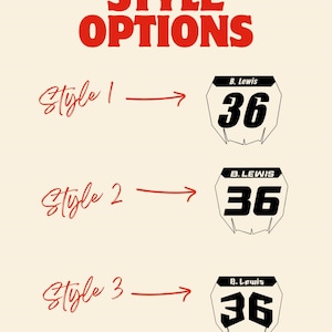 K&ouml;nnte beinhalten: Bild mit dem Text "STYLE OPTIONS" in Rot. Darunter werden drei Stile mit Pfeilen gezeigt, die auf schwarz-wei&szlig;e Nummernschilder mit der Nummer 36 und dem Namen "B. Lewis" zeigen.