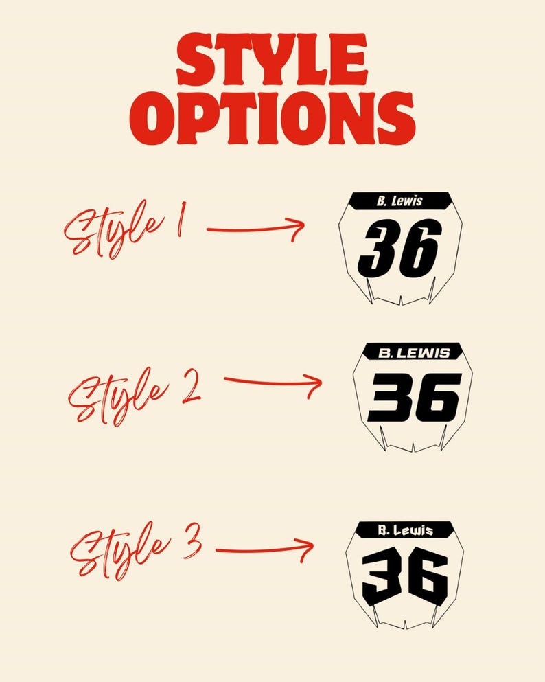 K&ouml;nnte beinhalten: Bild mit dem Text "STYLE OPTIONS" in Rot. Darunter werden drei Stile mit Pfeilen gezeigt, die auf schwarz-wei&szlig;e Nummernschilder mit der Nummer 36 und dem Namen "B. Lewis" zeigen.