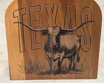 Custom Engraved Texas Longhorn Napkin Holder – Rustic Wooden Caddy, Western Decor
