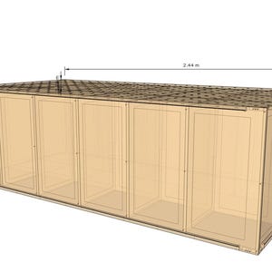 May include: A light brown storage container with multiple compartments. The container is approximately 2.44 meters (8 feet) long. The roof has a textured pattern. The container has multiple doors.