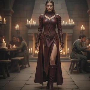 May include: A burgundy leather outfit with a high collar, corset-style bodice, and long skirt with a thigh-high slit. The outfit includes matching shoulder armor and boots. The background features a stone room with lit candles and people seated at tables.