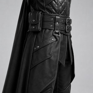 May include: A black garment featuring a quilted bodice, a wide belt with two silver-toned buckles, and a small attached pouch. The piece includes a long cape, structured panels with silver-toned rivets, and layered fabric sections throughout.