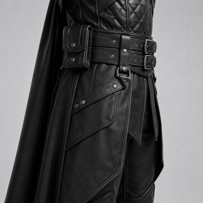 May include: A black garment featuring a quilted bodice, a wide belt with two silver-toned buckles, and a small attached pouch. The piece includes a long cape, structured panels with silver-toned rivets, and layered fabric sections throughout.