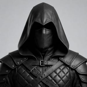 May include: A black leather hooded jacket featuring a quilted chest panel, layered shoulder armor with metal studs, and multiple buckled straps across the front. The garment includes a matching black face mask covering the lower face area.