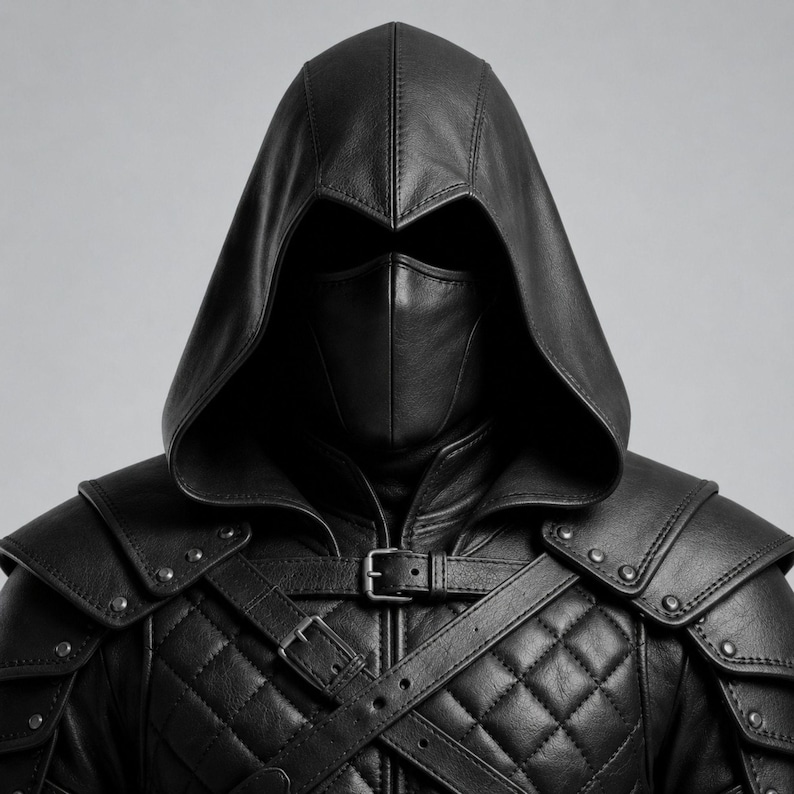 May include: A black leather hooded jacket featuring a quilted chest panel, layered shoulder armor with metal studs, and multiple buckled straps across the front. The garment includes a matching black face mask covering the lower face area.