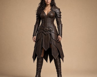 Women's Brown Leather Warrior Costume | Fantasy Medieval Armor Set | Gothic Corset Dress