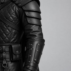 May include: A black leather jacket featuring quilted paneling on the torso, layered shoulder armor plates, and a forearm gauntlet with metal studs. The garment includes a utility belt with a small attached pouch and adjustable buckled straps.