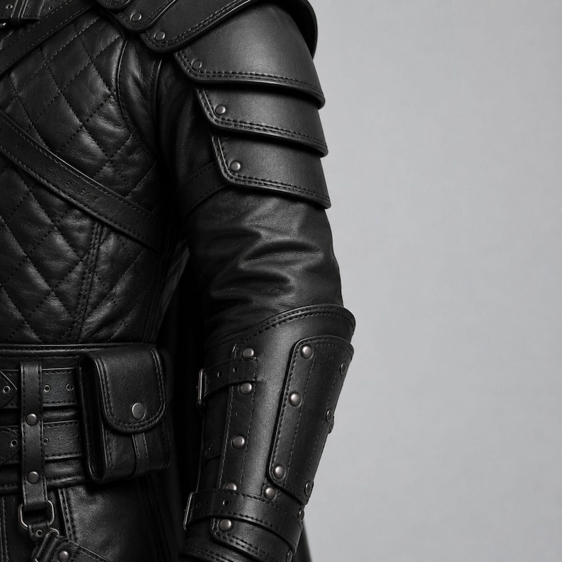 May include: A black leather jacket featuring quilted paneling on the torso, layered shoulder armor plates, and a forearm gauntlet with metal studs. The garment includes a utility belt with a small attached pouch and adjustable buckled straps.