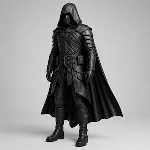 May include: A full-body black costume featuring a hooded cloak, a quilted chest piece, and layered shoulder armor. The outfit includes a utility belt with pouches, fitted trousers, and tall buckled boots, all rendered in a uniform matte black finish.