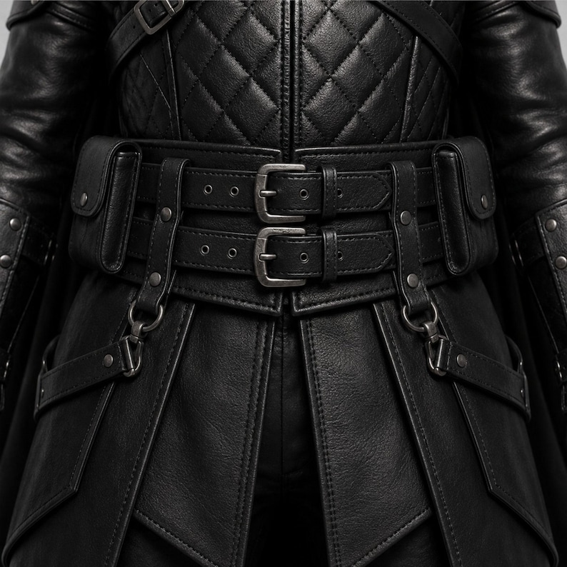 May include: A black leather jacket featuring a quilted chest panel, long sleeves, and a wide waist belt with two silver-toned metal buckles. The garment includes two attached side pouches and decorative metal hardware, including rivets and D-ring attachments.