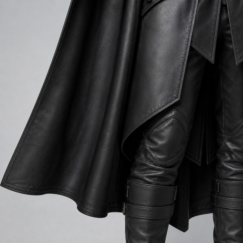 May include: A black leather garment ensemble featuring a long, flowing cape that drapes over fitted trousers. The trousers include reinforced knee panels and lower leg sections secured with horizontal buckled straps, creating a structured look.