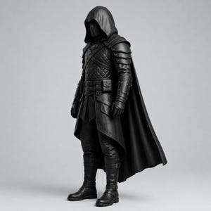 May include: A full-body black costume featuring a hooded cloak, quilted chest armor, and layered shoulder pauldrons. The outfit includes a utility belt with pouches, matching black gloves, fitted trousers, and tall buckled boots in a dark finish.