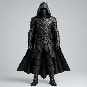 May include: A full-body black costume featuring a hooded cloak, a quilted chest piece with buckled straps, armored shoulder guards, and gauntlets. The outfit includes a utility belt with pouches, fitted trousers, and buckled boots, all in a matte black finish.