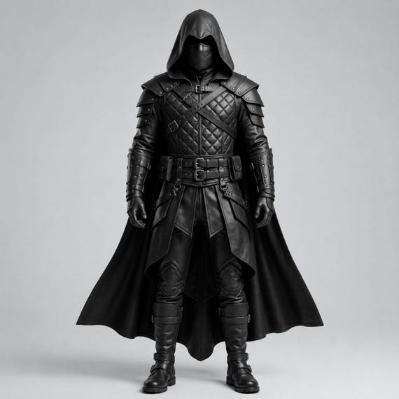 Black Hooded Leather Armor Costume, Dark Assassin Cosplay, Medieval Rogue Outfit, Fantasy Warrior Cloak