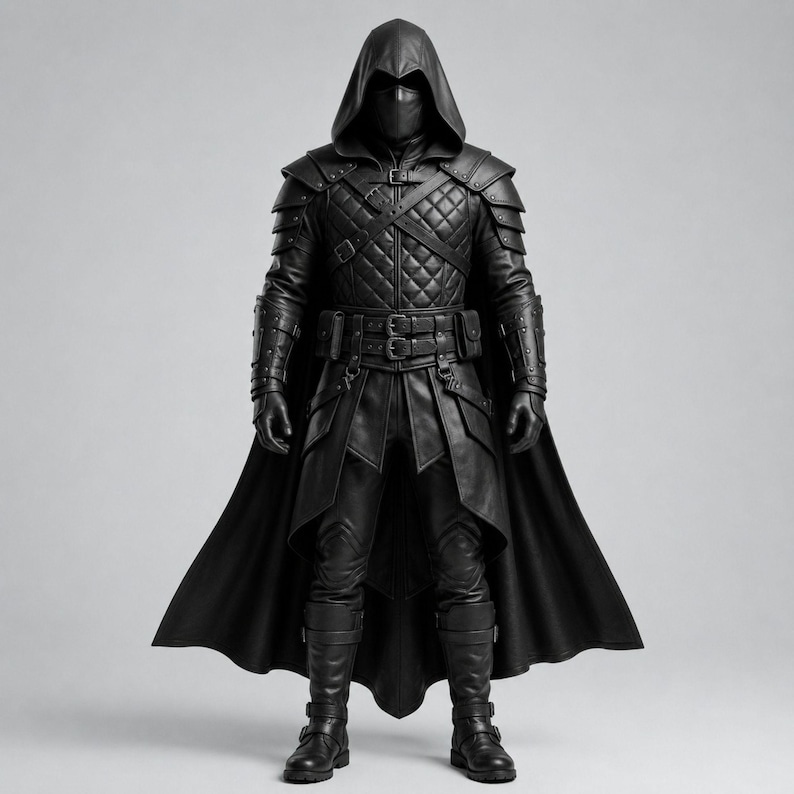 May include: A full-body black costume featuring a hooded cloak, a quilted chest piece with buckled straps, armored shoulder guards, and gauntlets. The outfit includes a utility belt with pouches, fitted trousers, and buckled boots, all in a matte black finish.