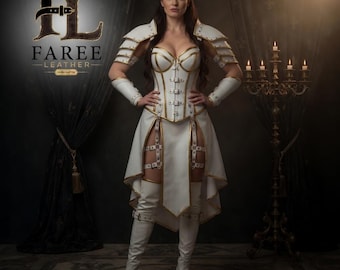 White Gold Leather Armor Corset Dress | Fantasy Warrior Queen Costume, LARP, Cosplay