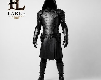 Black Leather Hooded Armor Vest | Medieval Gothic Warrior Cosplay Costume
