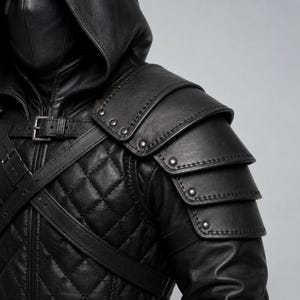 May include: A black leather jacket featuring a quilted torso pattern, a hood, and layered shoulder pauldrons secured with metal rivets. The garment includes adjustable straps with metal buckles across the chest and shoulder area for a structured fit.