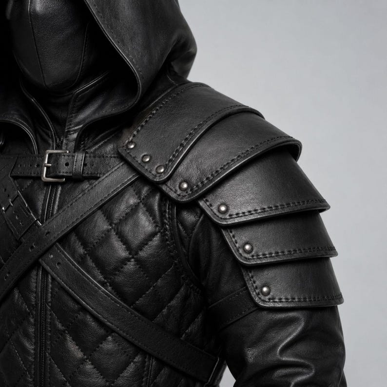 May include: A black leather jacket featuring a quilted torso pattern, a hood, and layered shoulder pauldrons secured with metal rivets. The garment includes adjustable straps with metal buckles across the chest and shoulder area for a structured fit.