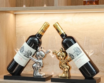 Bear Wine Holder Set Ceramic Bottle Stand Gold Silver Bar Decor