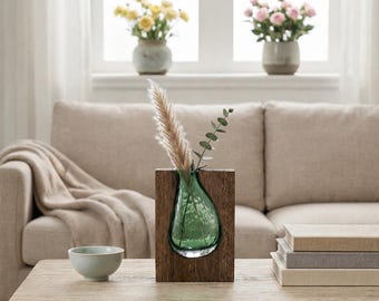 Wood Glass Vase Minimalist Japandi Decor Modern Home Accent Gift