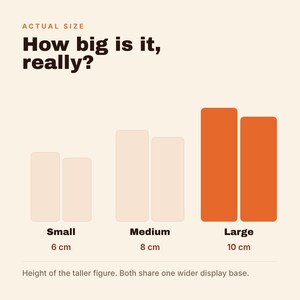 May include: A size comparison chart titled Actual Size How big is it, really? showing three categories: Small at 6 cm, Medium at 8 cm, and Large at 10 cm. Each category displays two rectangular bars of varying heights, with the text noting the height of the taller figure and that both share one wider display base.