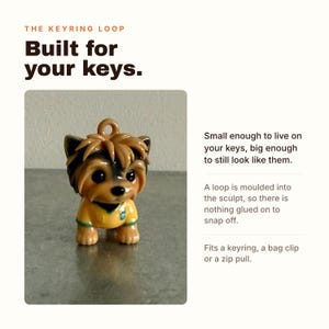 Puede incluir: Una peque&ntilde;a figura de perro marr&oacute;n y negro con una camiseta amarilla con ribete verde y un peque&ntilde;o detalle azul. La figura tiene un lazo moldeado en la parte superior para colgar. Texto: THE KEYRING LOOP Built for your keys. Small enough to live on your keys, big enough to still look like them. A loop is moulded into the sculpt, so there is nothing glued on to snap off. Fits a keyring, a bag clip or a zip pull.