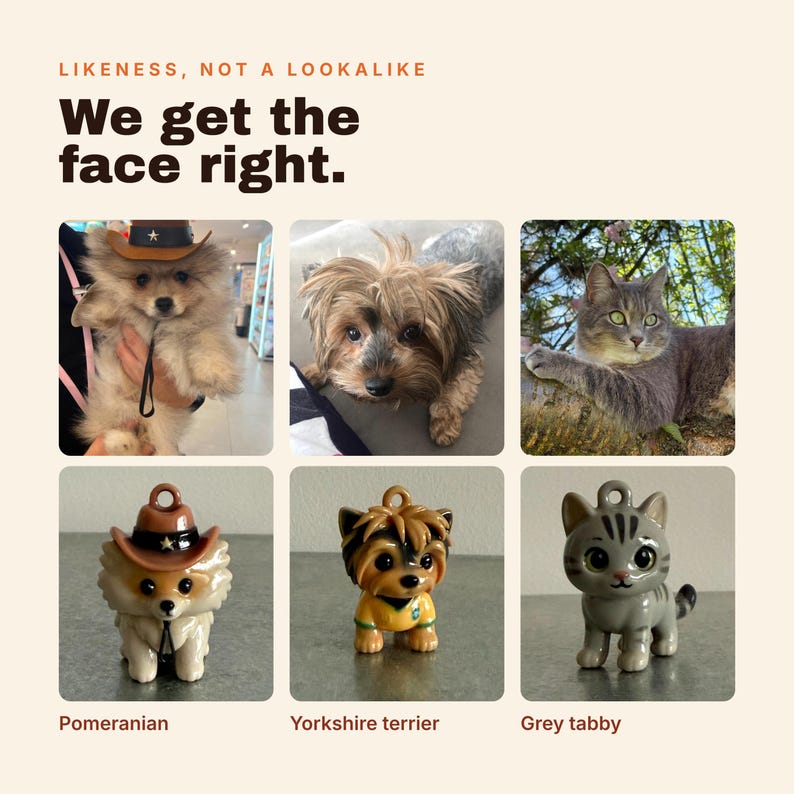 Puede incluir: Un collage con tres fotograf&iacute;as de animales junto a tres figuras de cer&aacute;mica correspondientes. El texto dice: LIKENESS, NOT A LOOKALIKE. We get the face right. Las figuras representan a un pomerania, un yorkshire terrier y un gato atigrado gris.