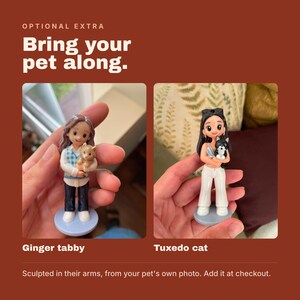 May include: Two small custom figurines on circular bases. One features a person with brown hair in a blue vest holding a ginger tabby cat. The other features a person with black hair in a white top holding a black and white tuxedo cat.