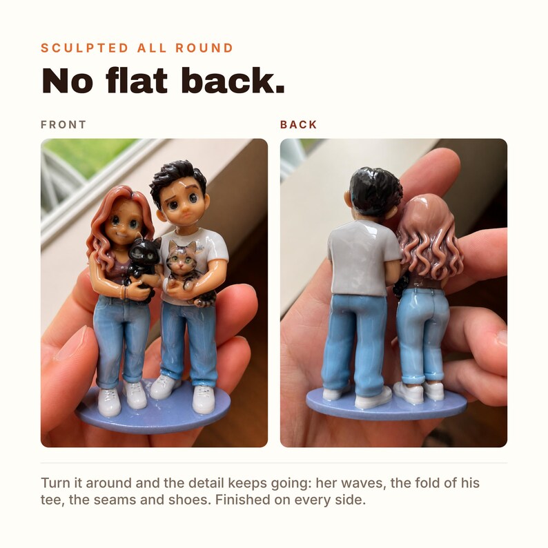 May include: A custom figurine set featuring two figures standing on a blue oval base. The figures have detailed hair, blue jeans, and white shoes. One figure wears a brown top, the other a white t-shirt. They hold a black cat and a tabby cat.