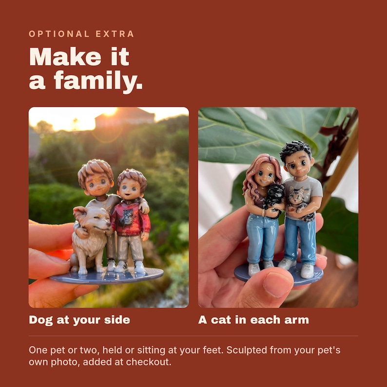 May include: Two custom figurines on circular bases. The left shows two children with a dog. The right shows two adults, one with pink hair and one with dark hair, each holding a cat. Text reads: OPTIONAL EXTRA Make it a family. Dog at your side. A cat in each arm.