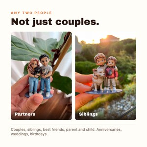 May include: Two custom miniature figurines featuring two people and pets. The first shows a person with long hair and a person with short hair holding a cat. The second shows two people with short hair and a dog. Text reads: ANY TWO PEOPLE Not just couples.