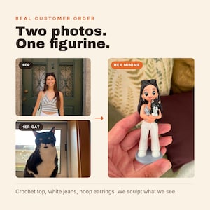 May include: A custom figurine featuring a person with long dark hair wearing a striped halter top and white pants, holding a black and white cat. The text reads: REAL CUSTOMER ORDER, Two photos. One figurine., HER, HER CAT, HER MINIME.