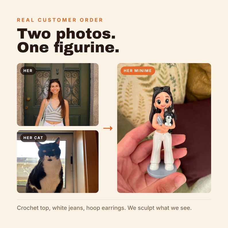 May include: A custom figurine featuring a person with long dark hair wearing a striped halter top and white pants, holding a black and white cat. The text reads: REAL CUSTOMER ORDER, Two photos. One figurine., HER, HER CAT, HER MINIME.